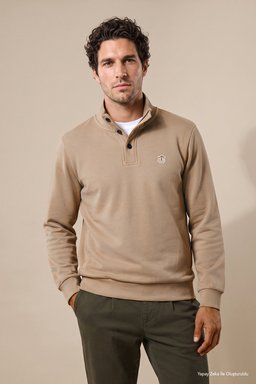 %100 Pamuk Bato Yaka Düğme Detaylı Sweatshirt - Koyu Bej (görsel 4)