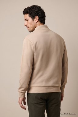 %100 Pamuk Bato Yaka Düğme Detaylı Sweatshirt - Koyu Bej (görsel 5)