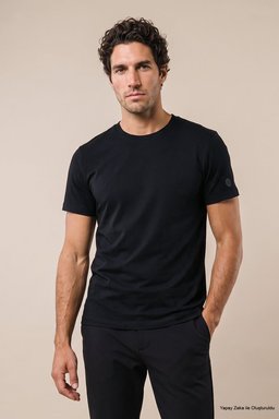 %100 Pamuk Kolu Patch Logo Detaylı Bisiklet Yaka T-Shirt - Siyah