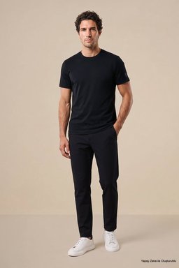 %100 Pamuk Kolu Patch Logo Detaylı Bisiklet Yaka T-Shirt - Siyah (görsel 2)