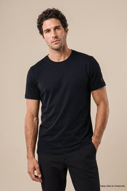 %100 Pamuk Kolu Patch Logo Detaylı Bisiklet Yaka T-Shirt - Siyah (görsel 3)