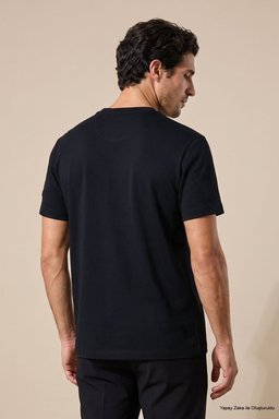 %100 Pamuk Kolu Patch Logo Detaylı Bisiklet Yaka T-Shirt - Siyah (görsel 5)