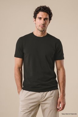 %100 Pamuk Kolu Patch Logo Detaylı Bisiklet Yaka T-Shirt - Yeşil