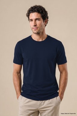 %100 Pamuk Kolu Patch Logo Detaylı Bisiklet Yaka T-Shirt - Lacivert