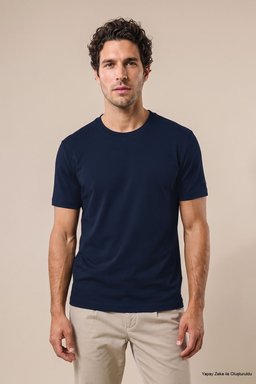 %100 Pamuk Kolu Patch Logo Detaylı Bisiklet Yaka T-Shirt - Lacivert (görsel 3)