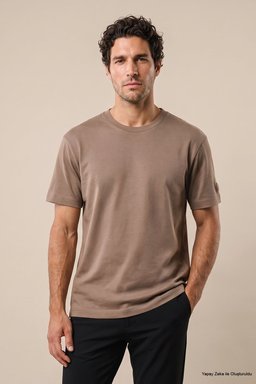 %100 Pamuk Kolu Patch Logo Detaylı Bisiklet Yaka T-Shirt - Vizon