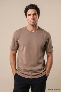 %100 Pamuk Kolu Patch Logo Detaylı Bisiklet Yaka T-Shirt - Vizon (görsel 3)