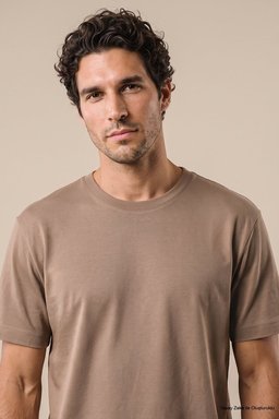 %100 Pamuk Kolu Patch Logo Detaylı Bisiklet Yaka T-Shirt - Vizon (görsel 4)