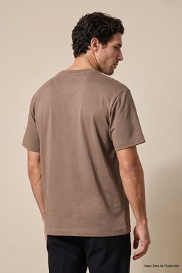 %100 Pamuk Kolu Patch Logo Detaylı Bisiklet Yaka T-Shirt - Vizon (görsel 5)