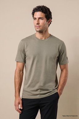 %100 Pamuk Kolu Patch Logo Detaylı Bisiklet Yaka T-Shirt - Açık Haki
