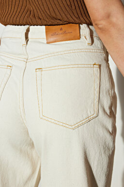 %100 Pamuk Yüksek Bel Denim Pantolon - Bej (görsel 6)
