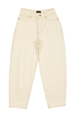 %100 Pamuk Yüksek Bel Denim Pantolon - Bej (görsel 7)