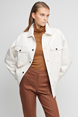 Comfort Fit Rahat Kesim Cepli Deri Gömlek - Ekru (görsel 19)