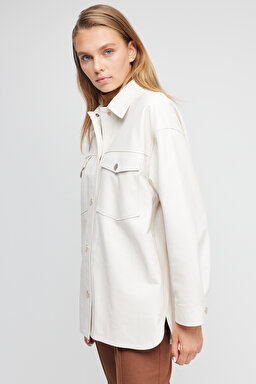 Comfort Fit Rahat Kesim Cepli Deri Gömlek - Ekru (görsel 23)