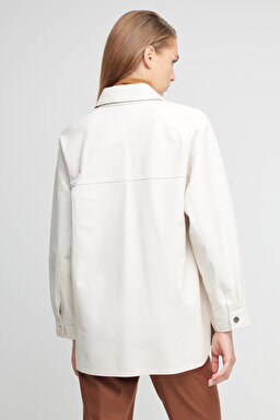 Comfort Fit Rahat Kesim Cepli Deri Gömlek - Ekru (görsel 24)