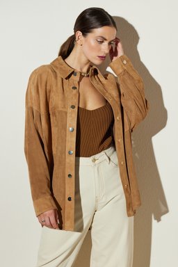 Comfort Fit Rahat Kesim Cepli Süet Gömlek - Camel
