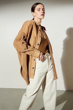 Comfort Fit Rahat Kesim Cepli Süet Gömlek - Camel (görsel 2)