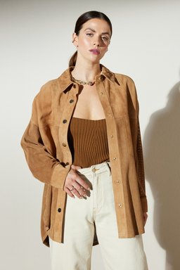 Comfort Fit Rahat Kesim Cepli Süet Gömlek - Camel (görsel 3)
