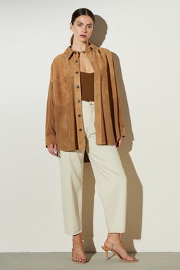 Comfort Fit Rahat Kesim Cepli Süet Gömlek - Camel (görsel 4)