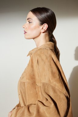 Comfort Fit Rahat Kesim Cepli Süet Gömlek - Camel (görsel 6)