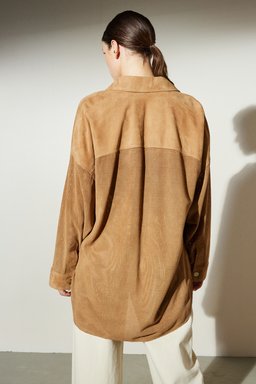 Comfort Fit Rahat Kesim Cepli Süet Gömlek - Camel (görsel 7)