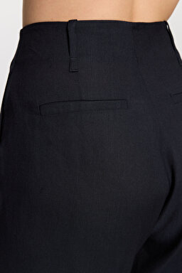 Keten Karışımlı Geniş Paça Pantolon - Siyah (görsel 5)