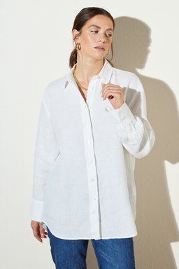 Regular Fit Geniş Kesim Gömlek Yaka Cepli Keten Gömlek - Beyaz (görsel 2)