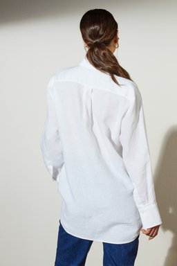 Regular Fit Geniş Kesim Gömlek Yaka Cepli Keten Gömlek - Beyaz (görsel 8)