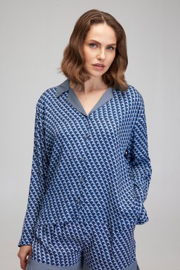 Regular Fit Geniş Kesim V Yaka Desenli Gömlek - Lacivert (görsel 2)