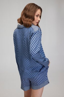 Regular Fit Geniş Kesim V Yaka Desenli Gömlek - Lacivert (görsel 4)