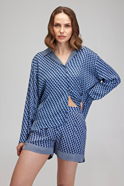 Regular Fit Geniş Kesim Desenli Şort - Lacivert