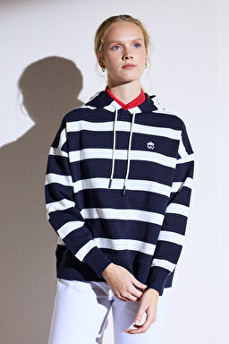 Kapüşonlu Blok Sweatshirt - Lacivert-Beyaz (görsel 2)