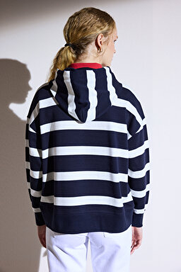 Kapüşonlu Blok Sweatshirt - Lacivert-Beyaz (görsel 8)