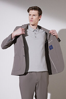 Slim Fit Dar Kesim Mono Yaka Cepli Performans Ceket - Camel (görsel 3)