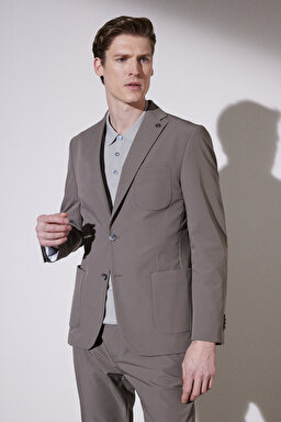 Slim Fit Dar Kesim Mono Yaka Cepli Performans Ceket - Camel (görsel 5)