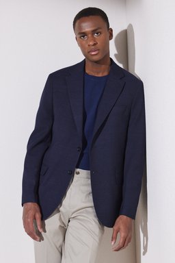 Slim Fit Dar Kesim Mono Yaka Cepli Desenli Klasik Ceket - Siyah