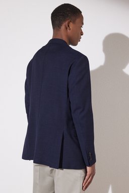 Slim Fit Dar Kesim Mono Yaka Cepli Desenli Klasik Ceket - Siyah (görsel 4)
