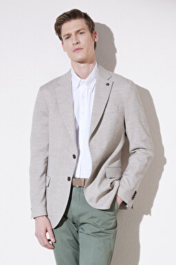Slim Fit Dar Kesim Mono Yaka Cepli Desenli Klasik Ceket - Bej