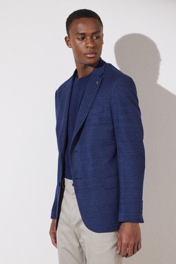 Slim Fit Dar Kesim Mono Yaka Cepli Desenli Klasik Ceket - Lacivert (görsel 2)