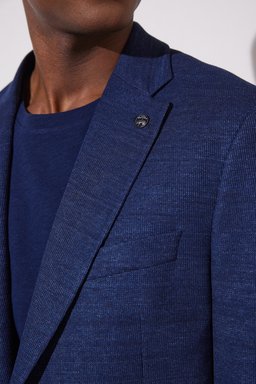 Slim Fit Dar Kesim Mono Yaka Cepli Desenli Klasik Ceket - Lacivert (görsel 5)