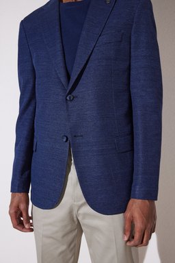 Slim Fit Dar Kesim Mono Yaka Cepli Desenli Klasik Ceket - Lacivert (görsel 6)