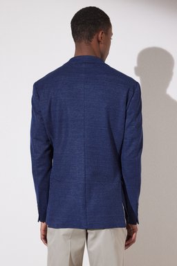 Slim Fit Dar Kesim Mono Yaka Cepli Desenli Klasik Ceket - Lacivert (görsel 7)