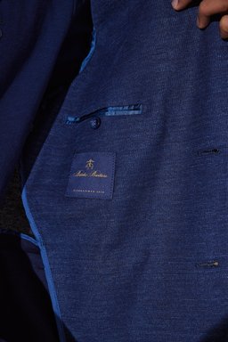Slim Fit Dar Kesim Mono Yaka Cepli Desenli Klasik Ceket - Lacivert (görsel 8)