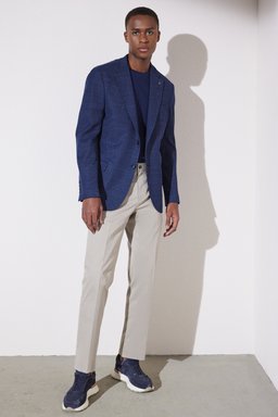 Slim Fit Dar Kesim Mono Yaka Cepli Desenli Klasik Ceket - Lacivert (görsel 9)