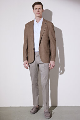 Slim Fit Dar Kesim Mono Yaka Cepli Desenli Klasik Ceket - Bej (görsel 7)