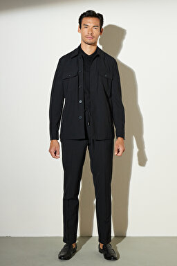Klasik Yaka Cepli Uzun Kollu Yün Safari Ceket - Siyah (görsel 6)