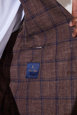 Slim Fit Dar Kesim Sivri Yaka Cepli Desenli Kruvaze Ceket - Kahverengi Kareli (görsel 6)