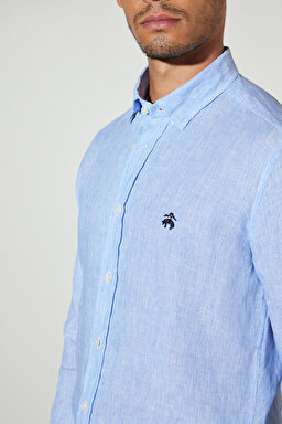 Slim Fit Dar Kesim Desenli Keten Gömlek - Lacivert Çizgili (görsel 5)