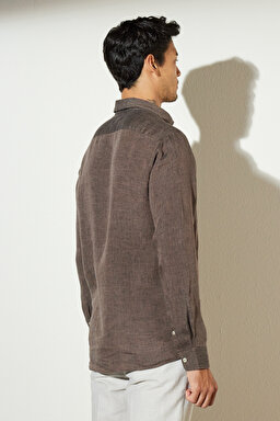 Slim Fit Dar Kesim Klasik Yaka Keten Gömlek - Kahverengi (görsel 7)