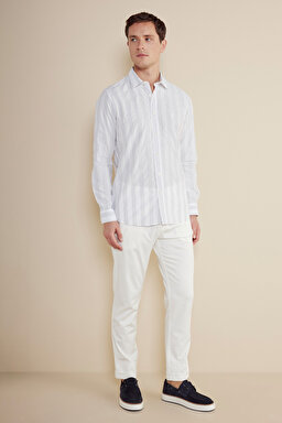 Slim Fit Dar Kesim Klasik Yaka Desenli Gömlek - Gri-Beyaz